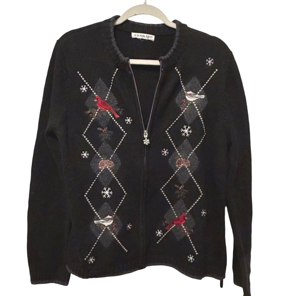 Hannah Black Winter Embroidered Cardinal Snowflake Zip Up Cardigan Sweater L